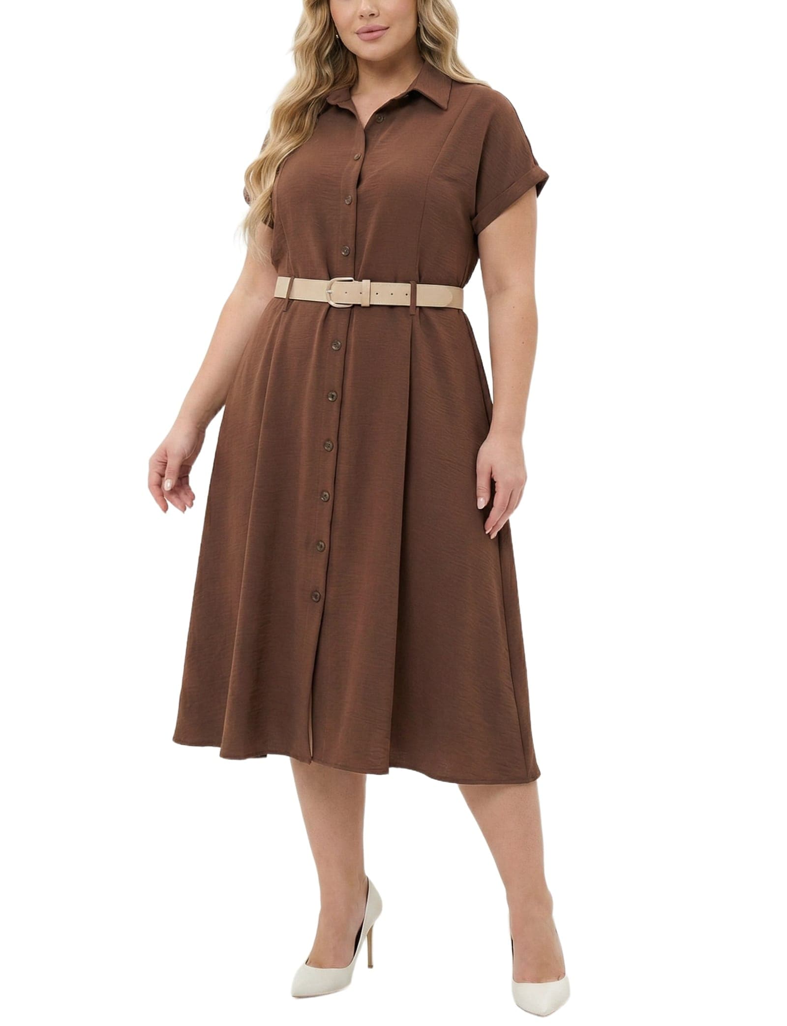 Plus Size Short Sleeve Button Front Belted a-Line Dress