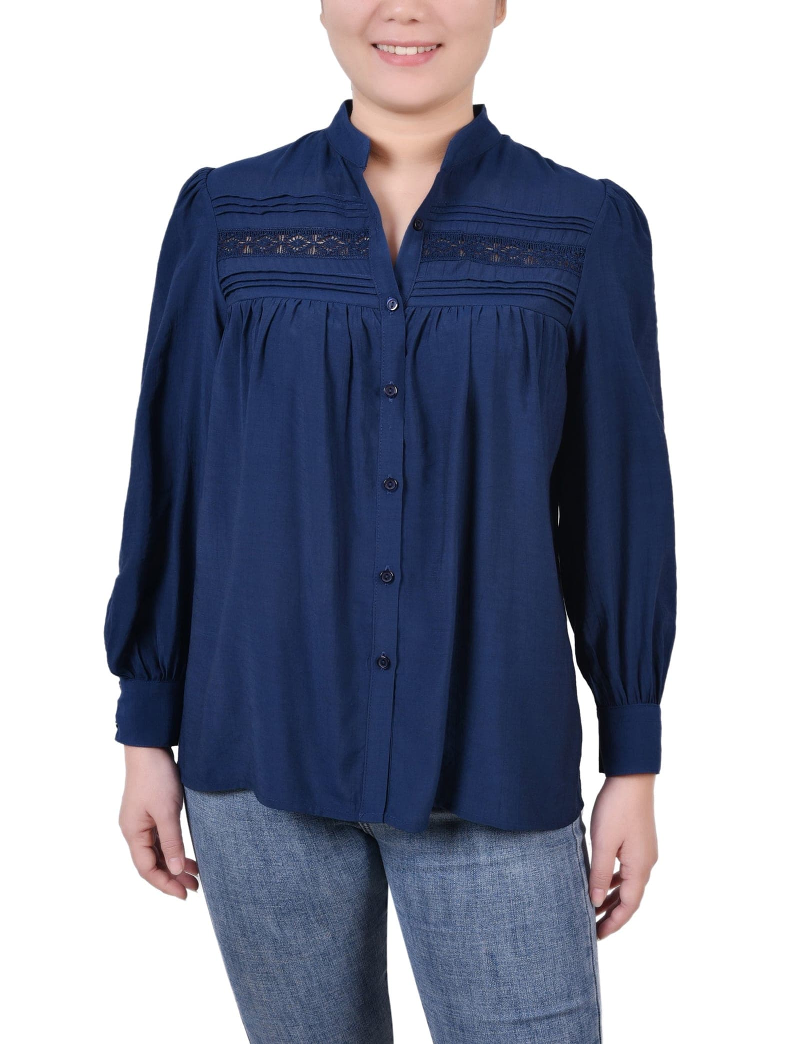 Petite Long Sleeve Crochet Blouse