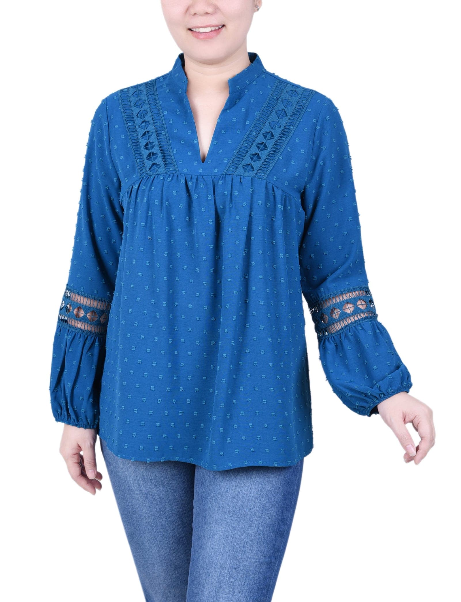 Petite Long Sleeve Blouse with Crochet Trim