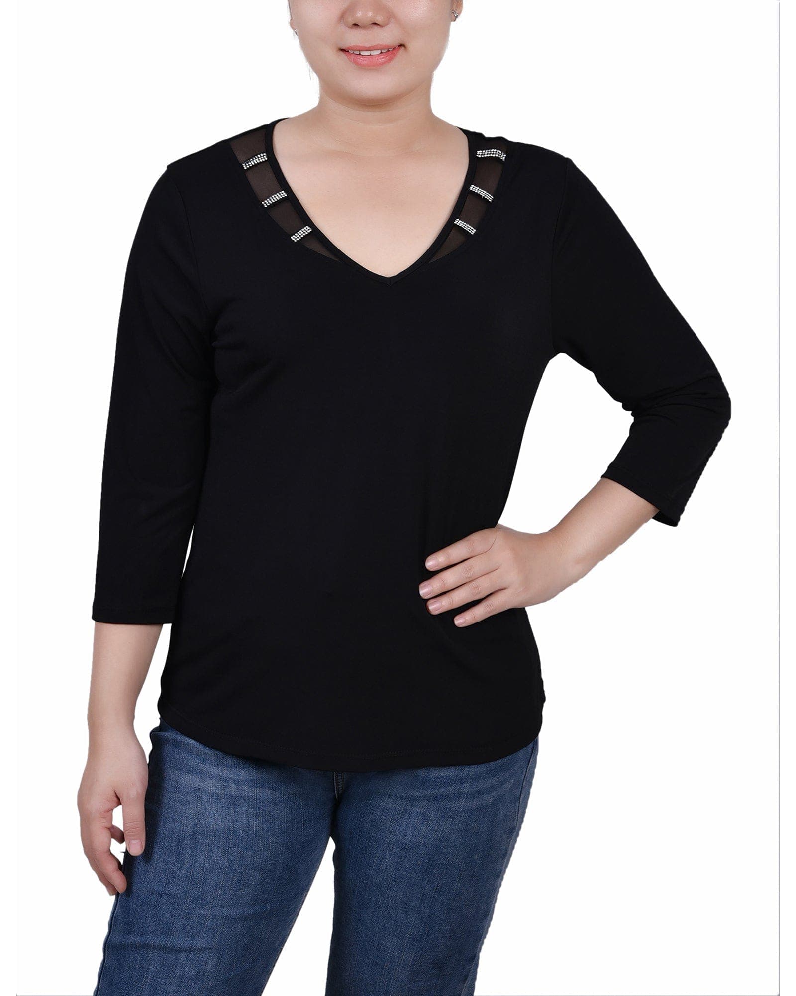 Petite 3/4 Sleeve Top with Illusion Neckline and Stones