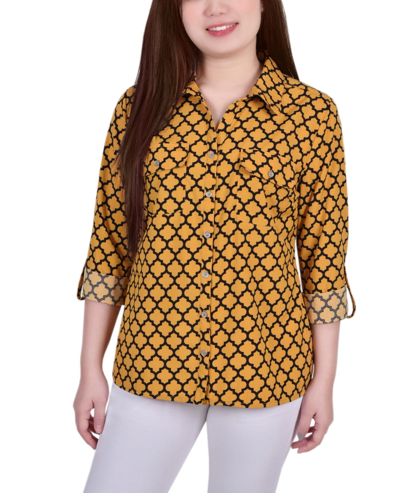 Petite 3/4 Roll Tab Blouse with Pockets