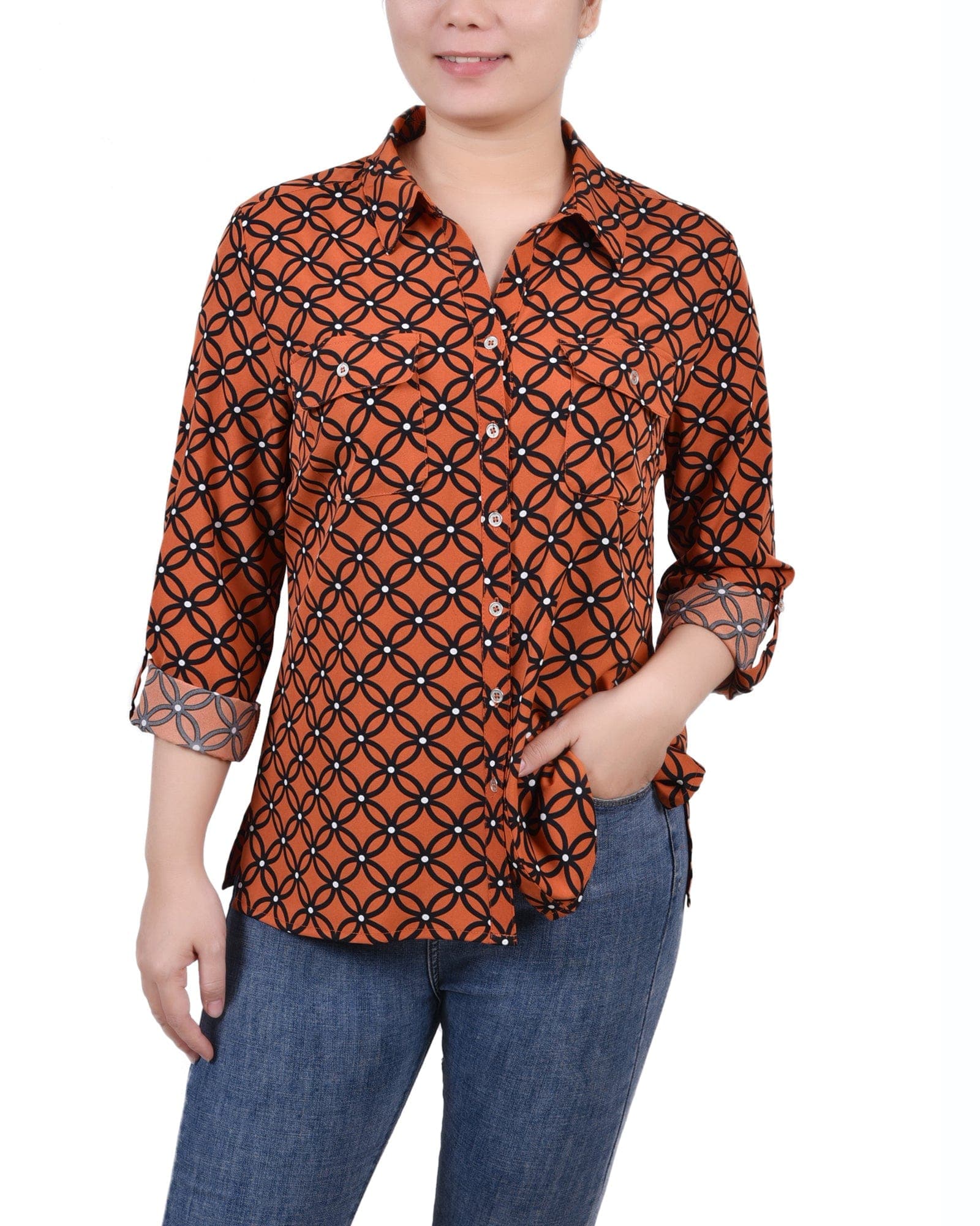 Petite 3/4 Roll Tab Blouse with Pockets