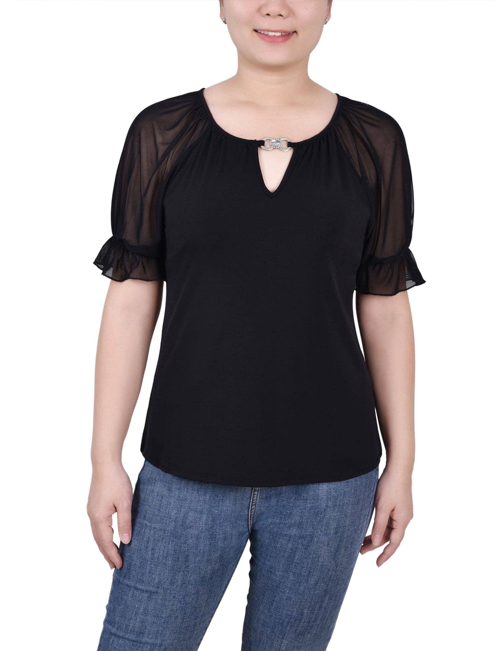 Petite Short Ruffle Sleeve Top with Rhinestones