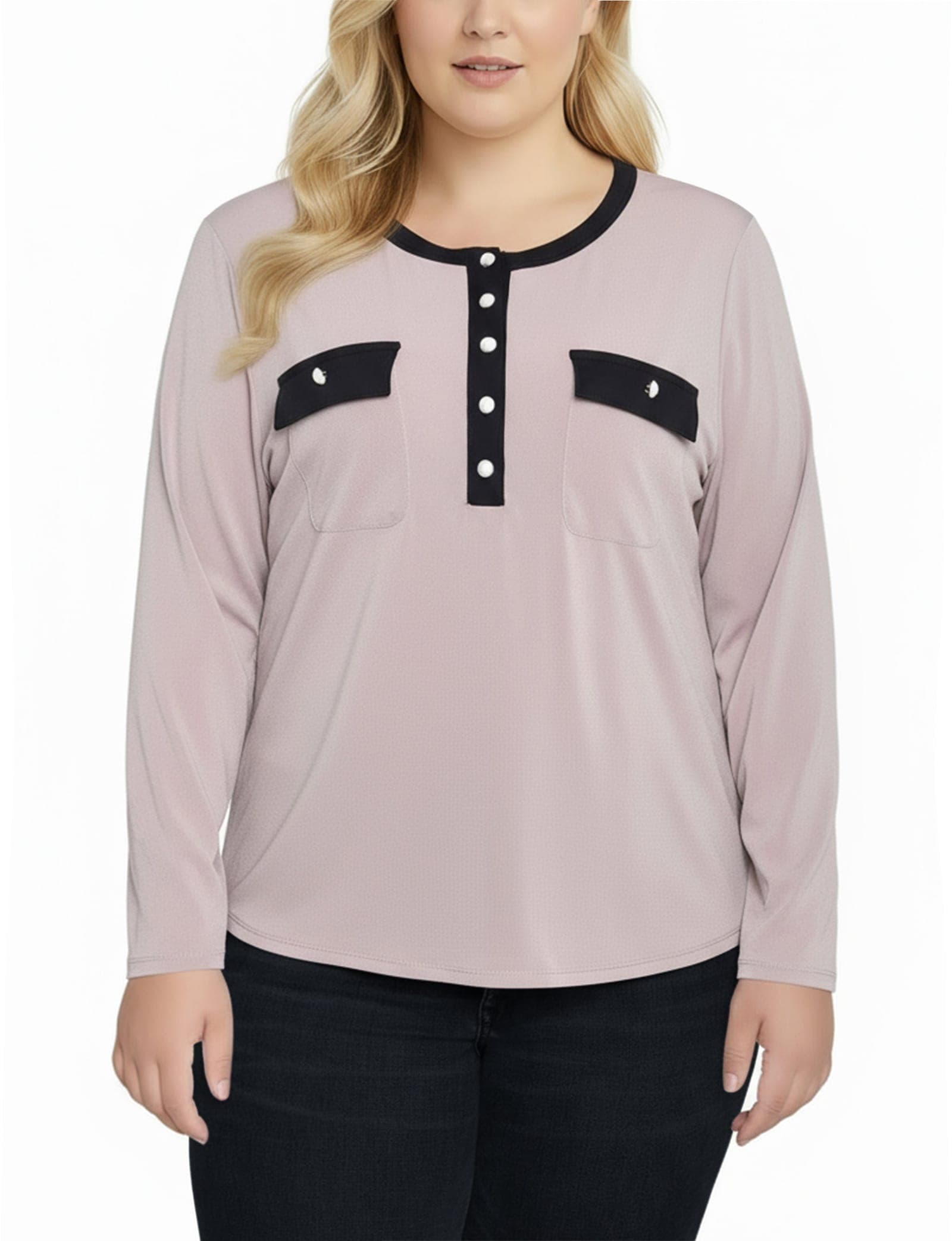 Plus Size Long Sleeve Contrast Detail Top