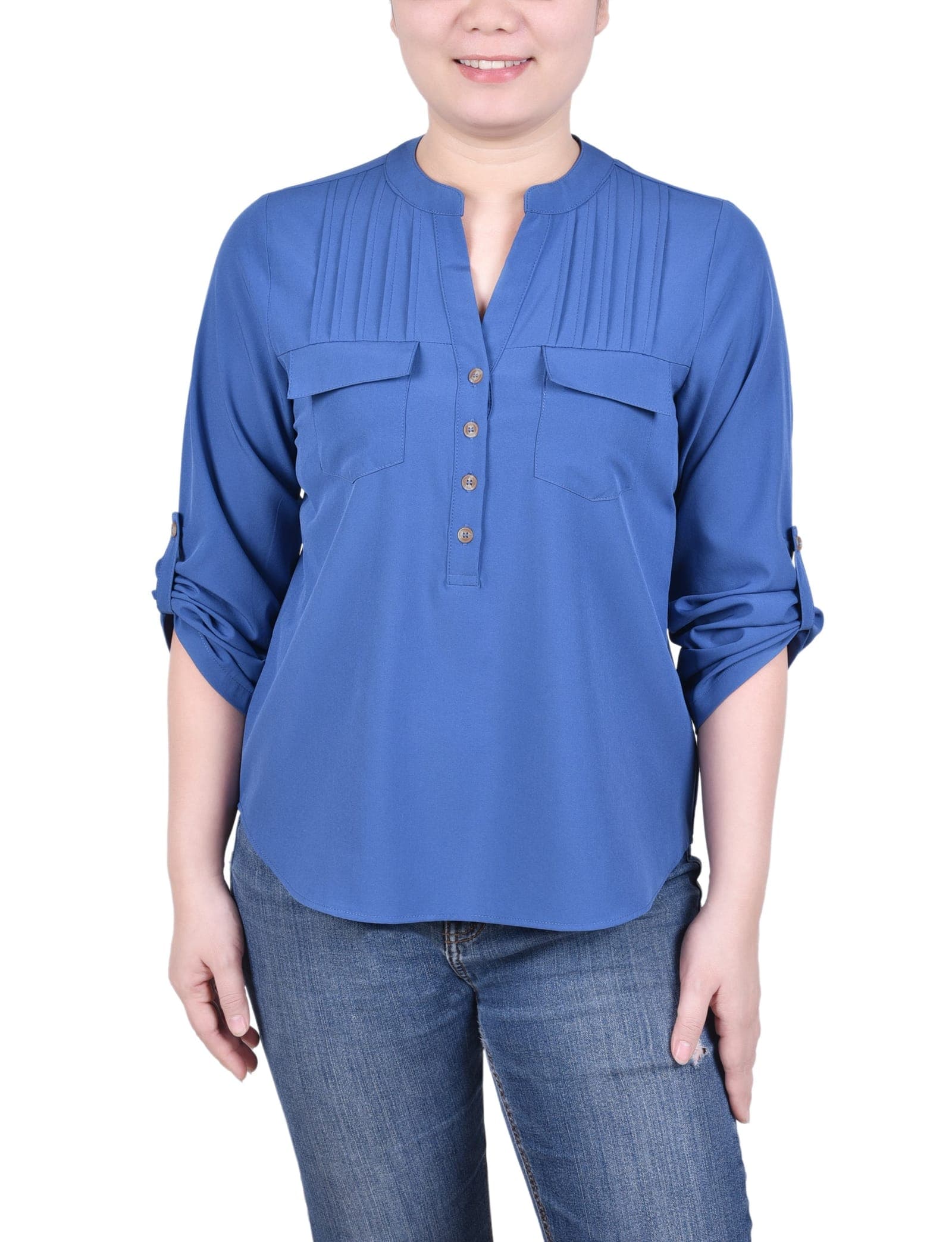 Long Tab-Sleeve Blouse with Pockets