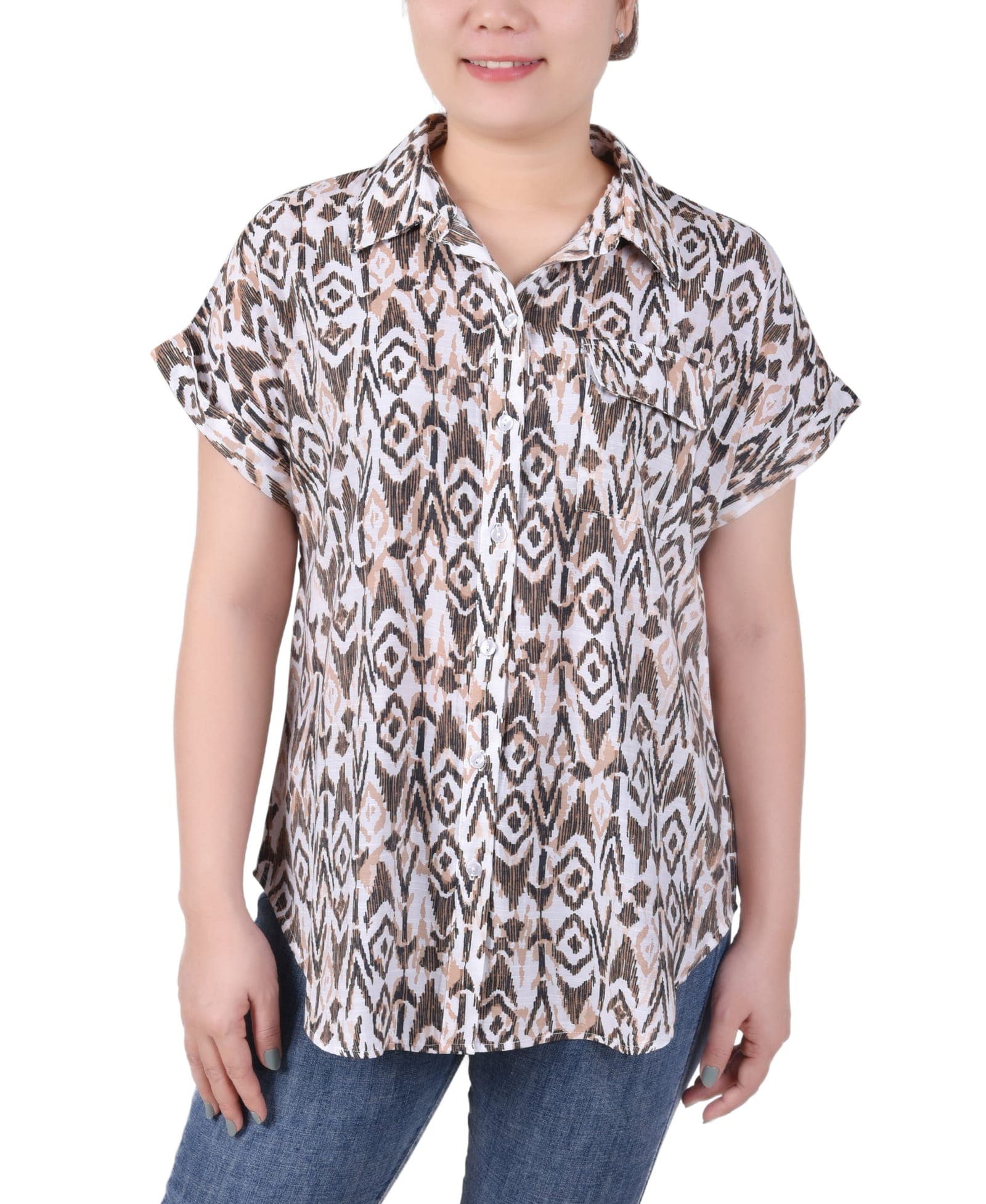 Short Rolled Sleeve Button Front Blouse
