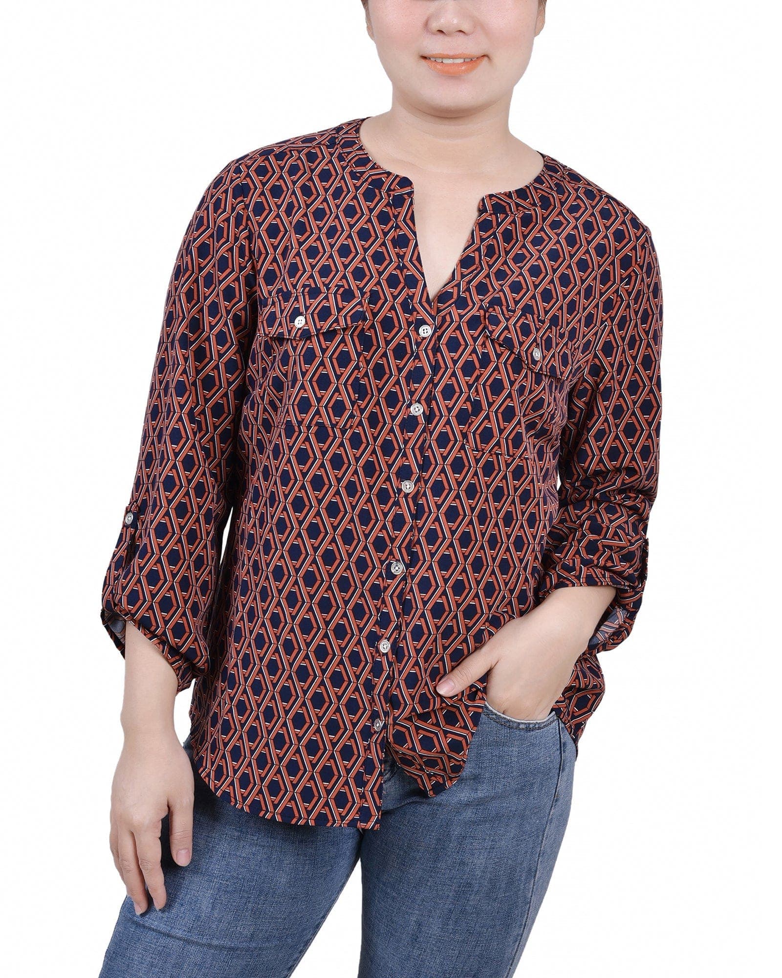 3/4 Roll Tab Sleeve Mandarin Collar Blouse