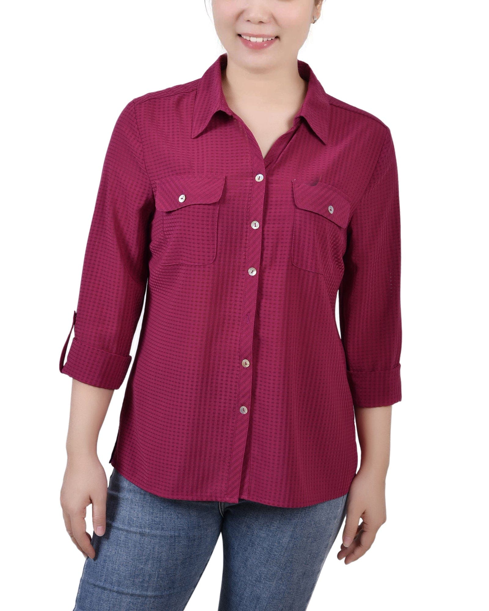 3/4 Sleeve Windowpane Blouse