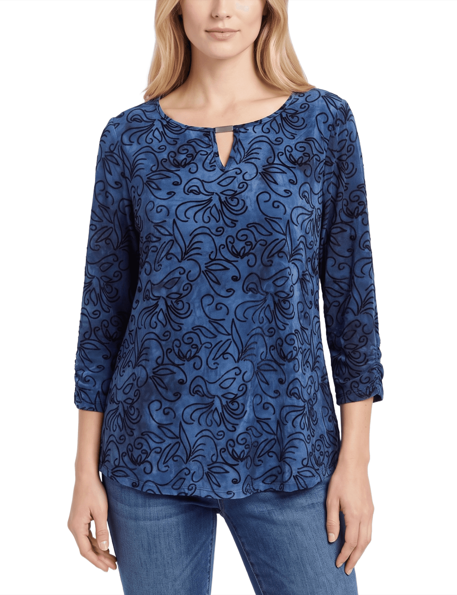 Petite 3/4 Sleeve Flocked Knit Pullover Top