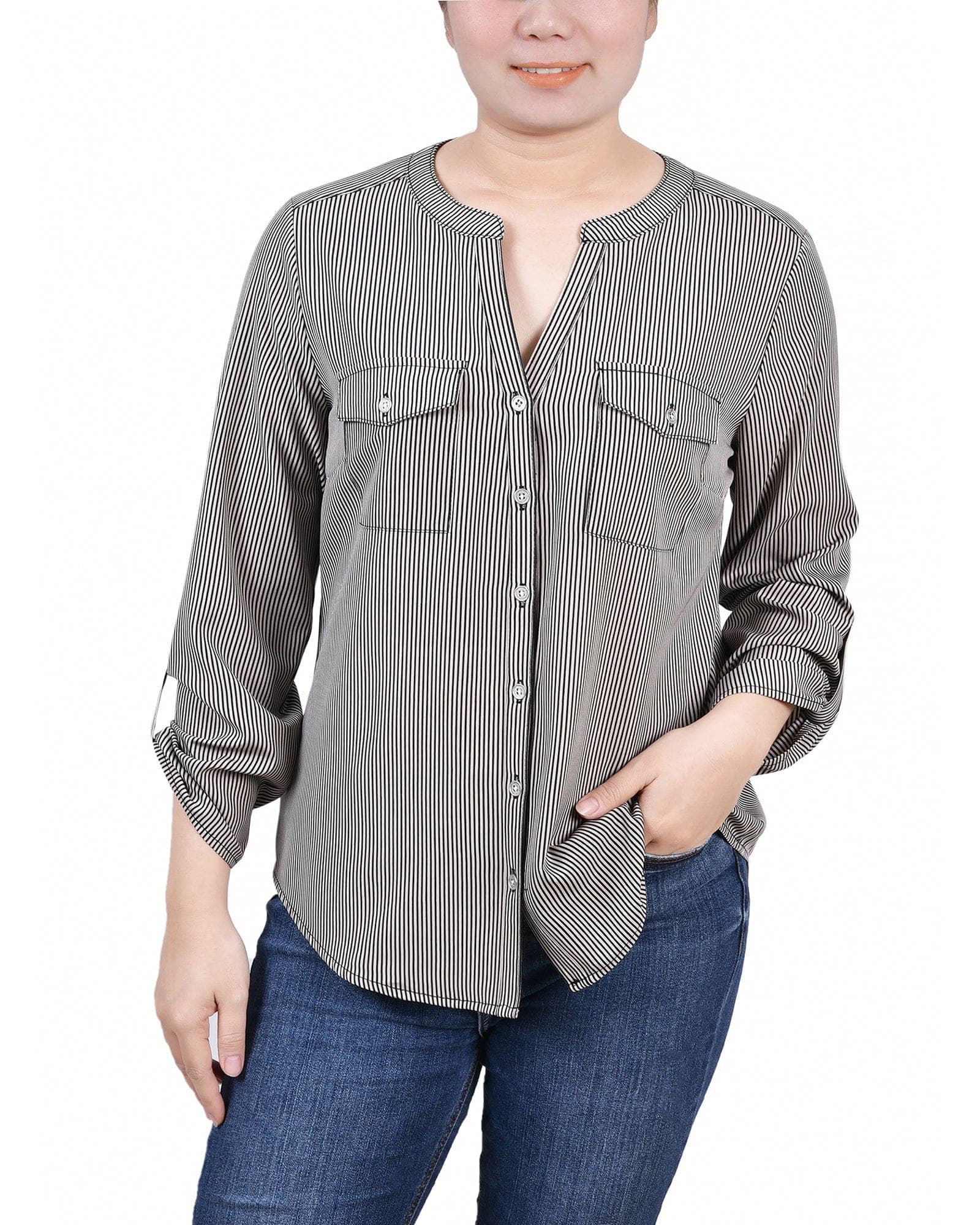 3/4 Roll Tab Sleeve Mandarin Collar Blouse
