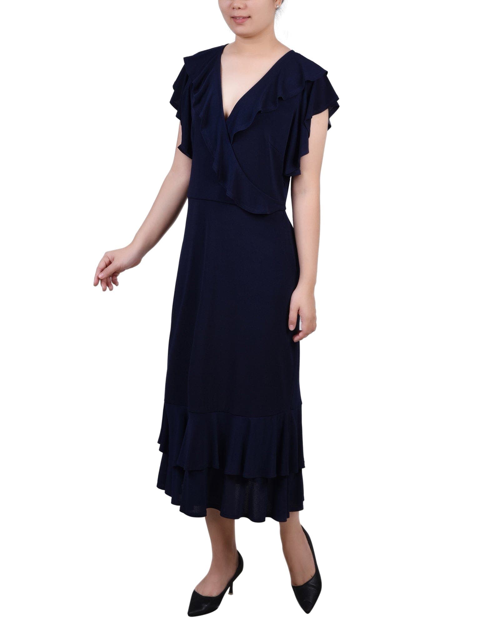 Short Flutter Sleeve Ruffle Neck Dress