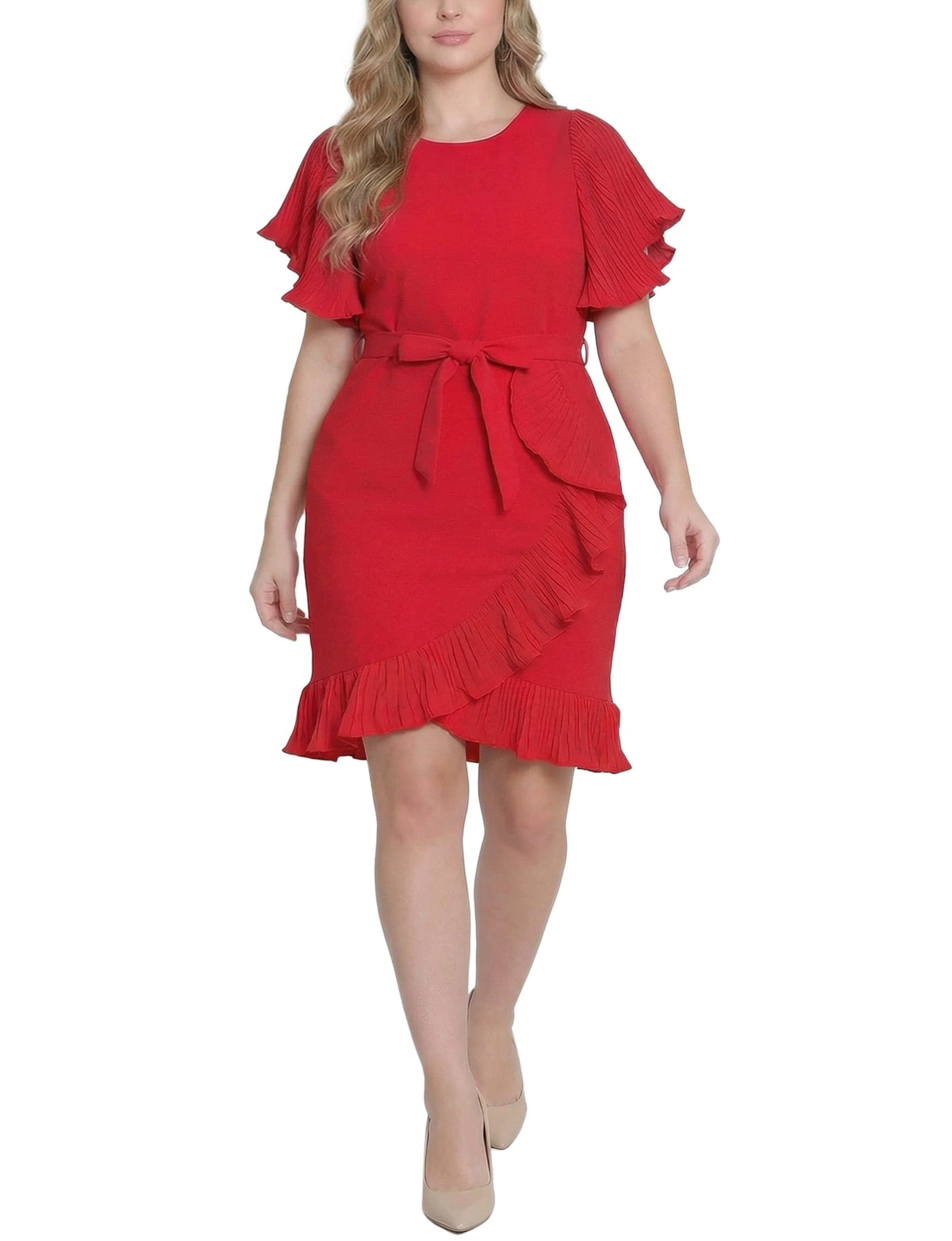 Plus Size Short Sleeve Pleated Ruffle Dress