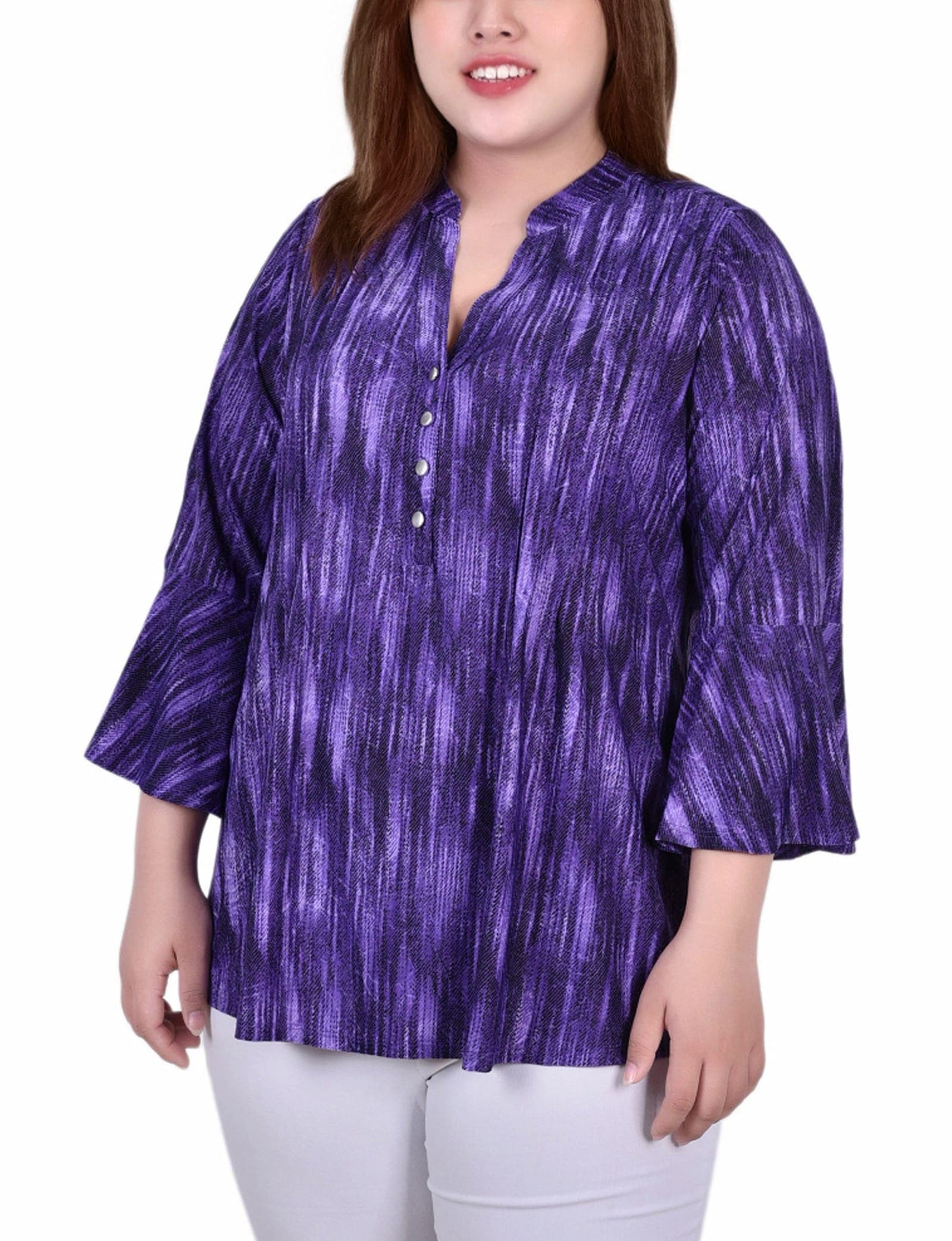 Plus Size 3/4 Bell Sleeve Pleat Front Y Neck Top