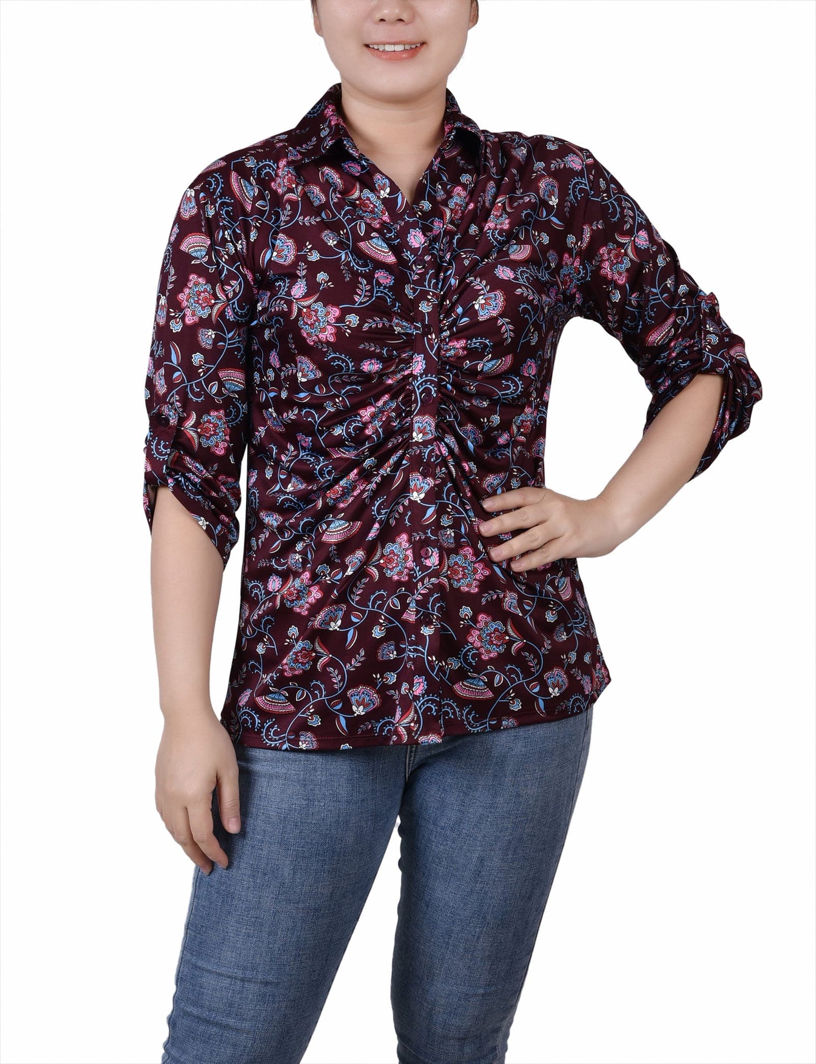 Petite 3/4 Roll Tab Rouched-Front Top