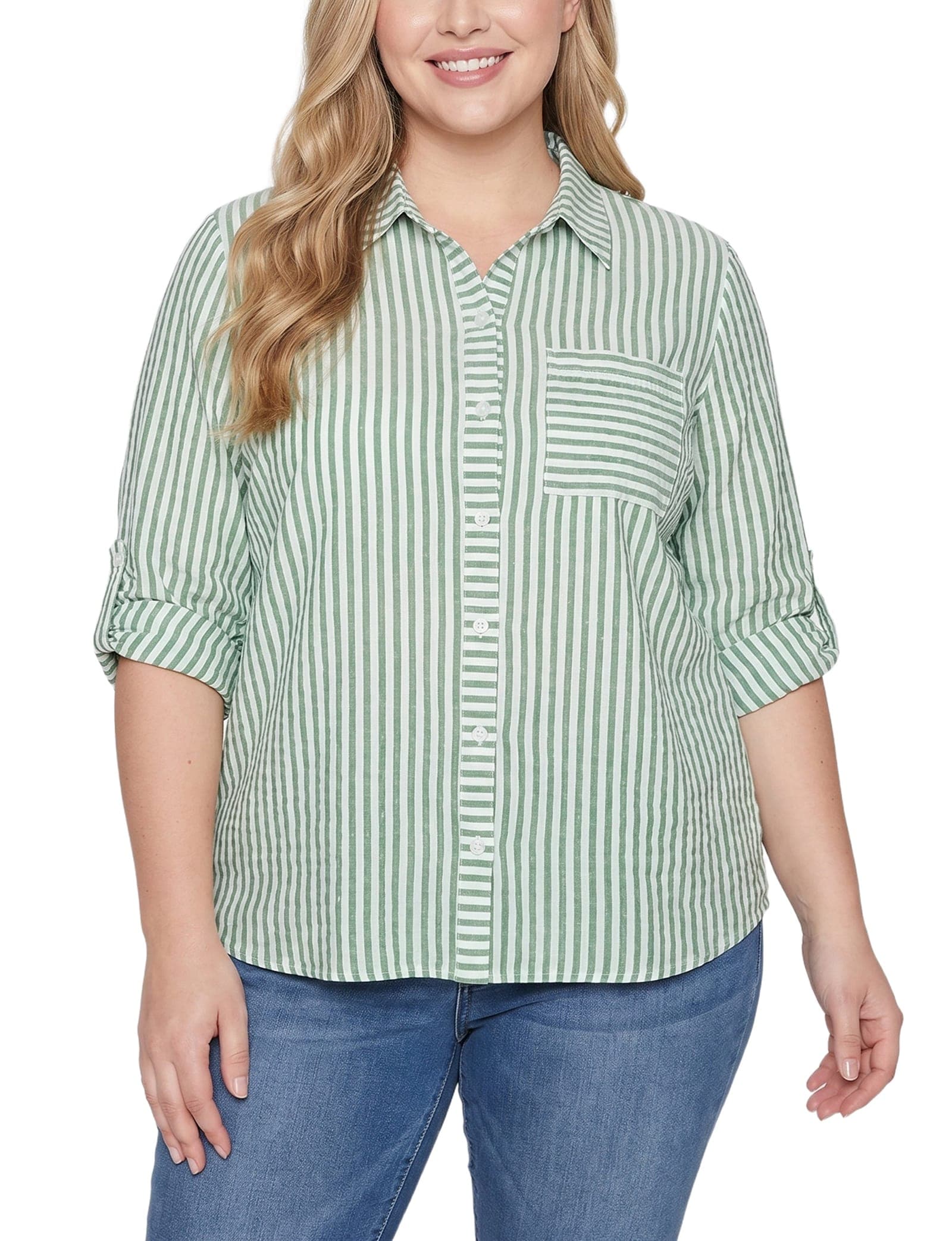 Plus Size 3/4 Sleeve Roll Tab Blouse