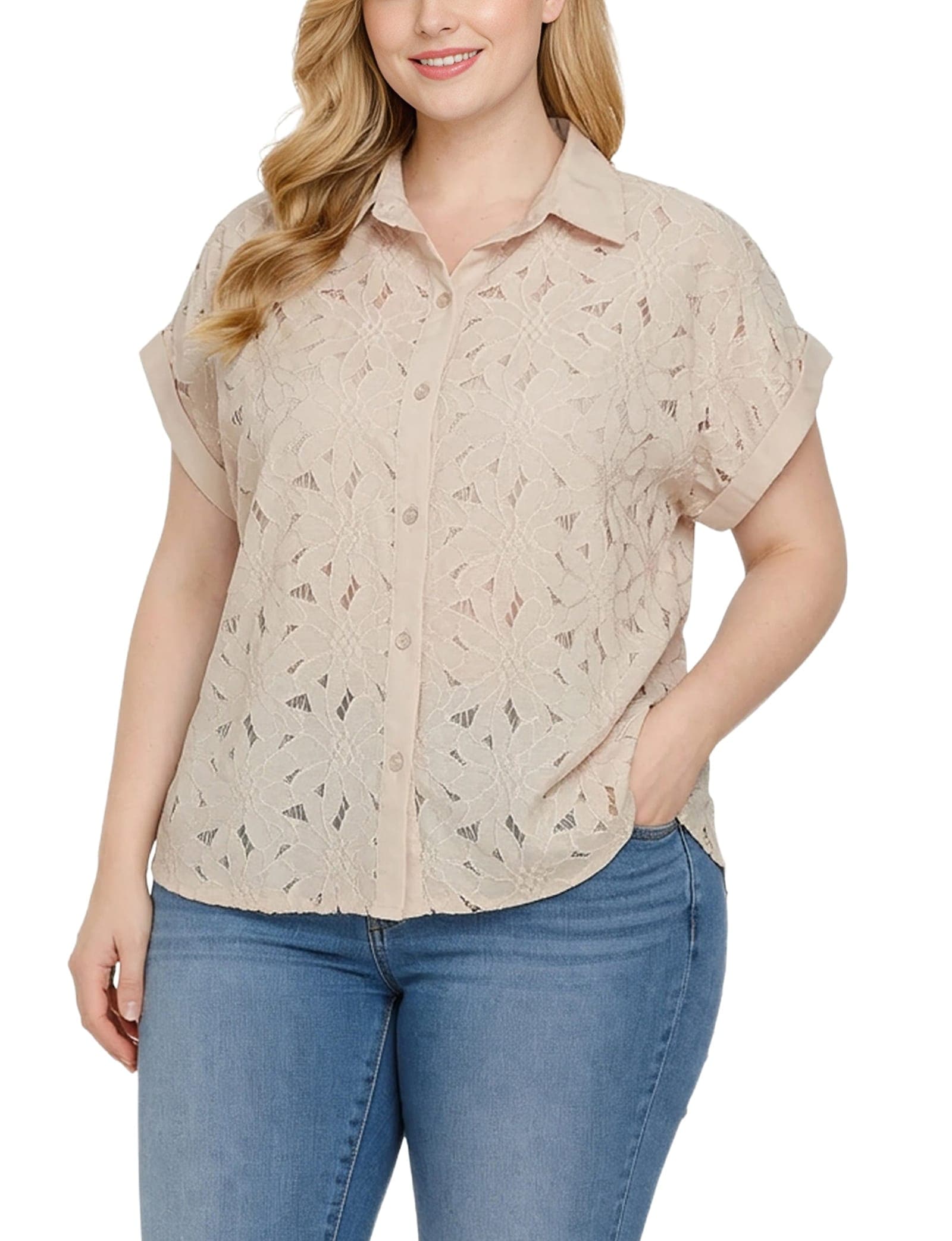 Plus Size Short Sleeve Eyelet Blouse