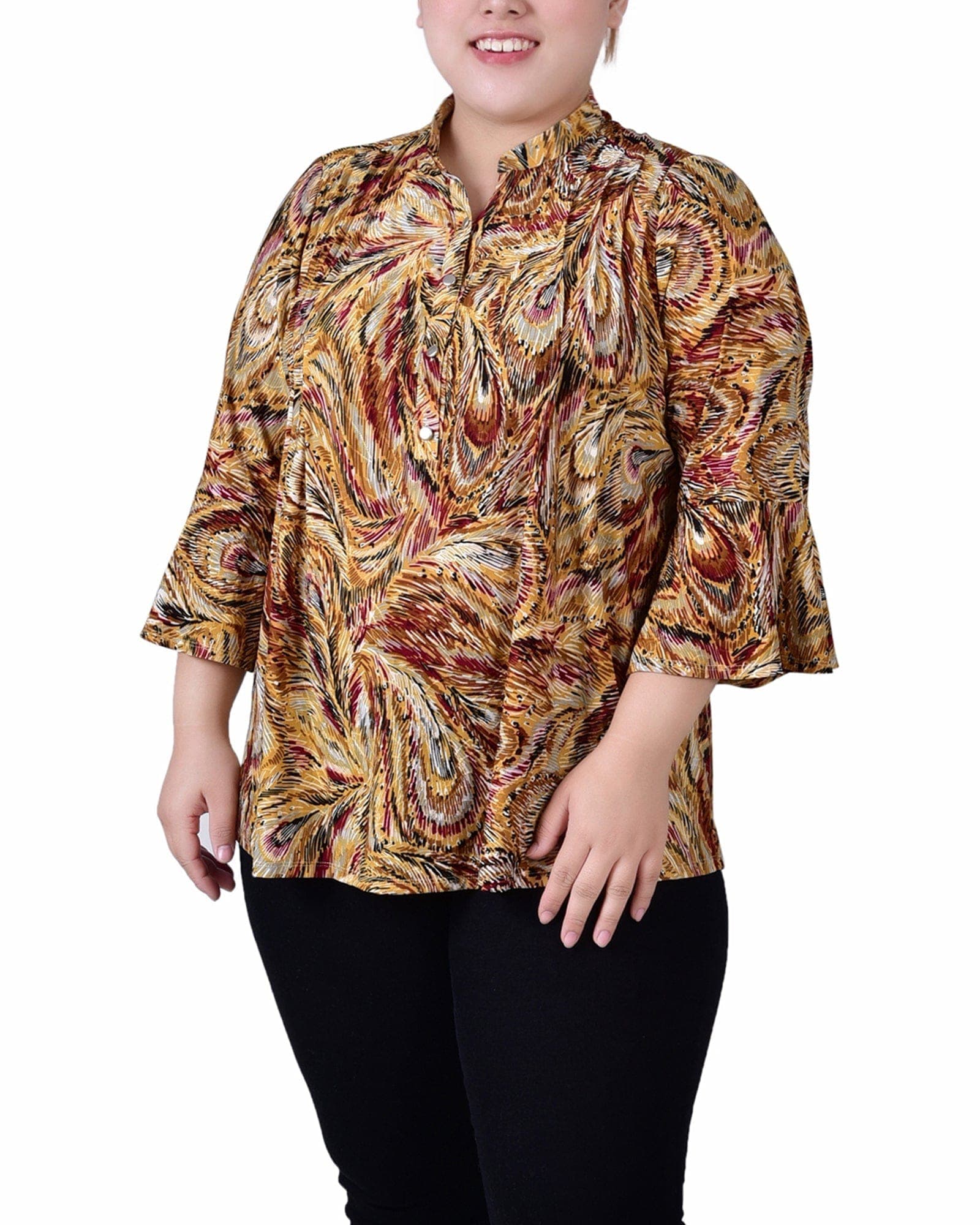Plus Size 3/4 Bell Sleeve Pleat Front Y Neck Top