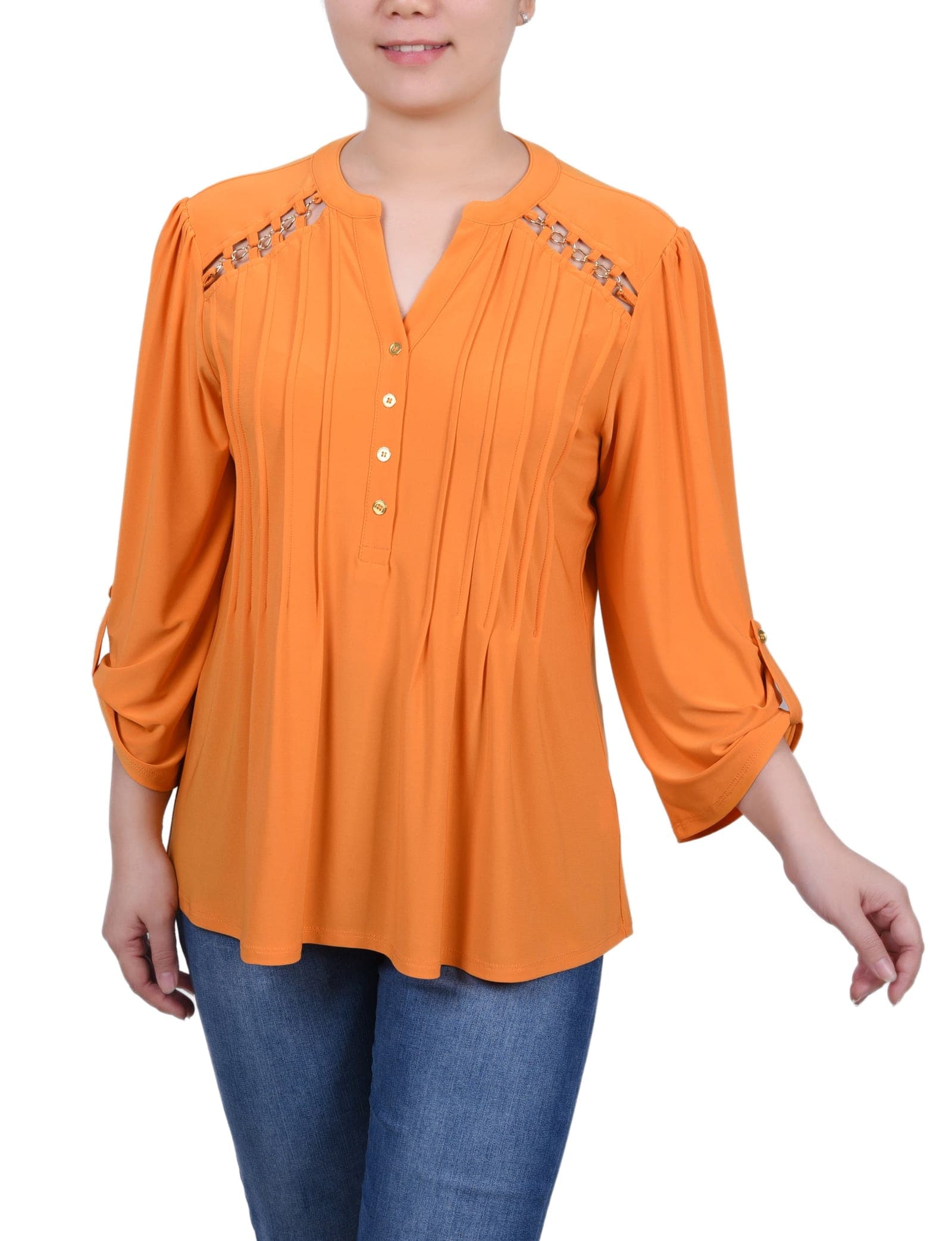 Petite Long Sleeve Pintuck Front Top with Chain Details