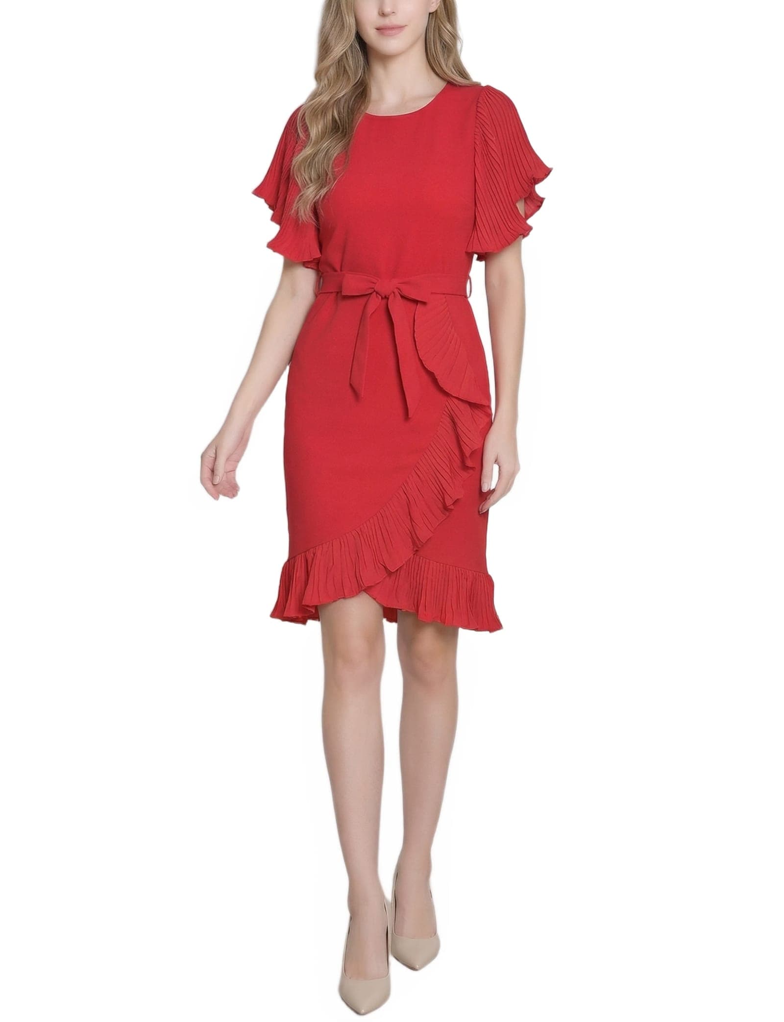 Petite Short Sleeve Pleated Ruffle Dress