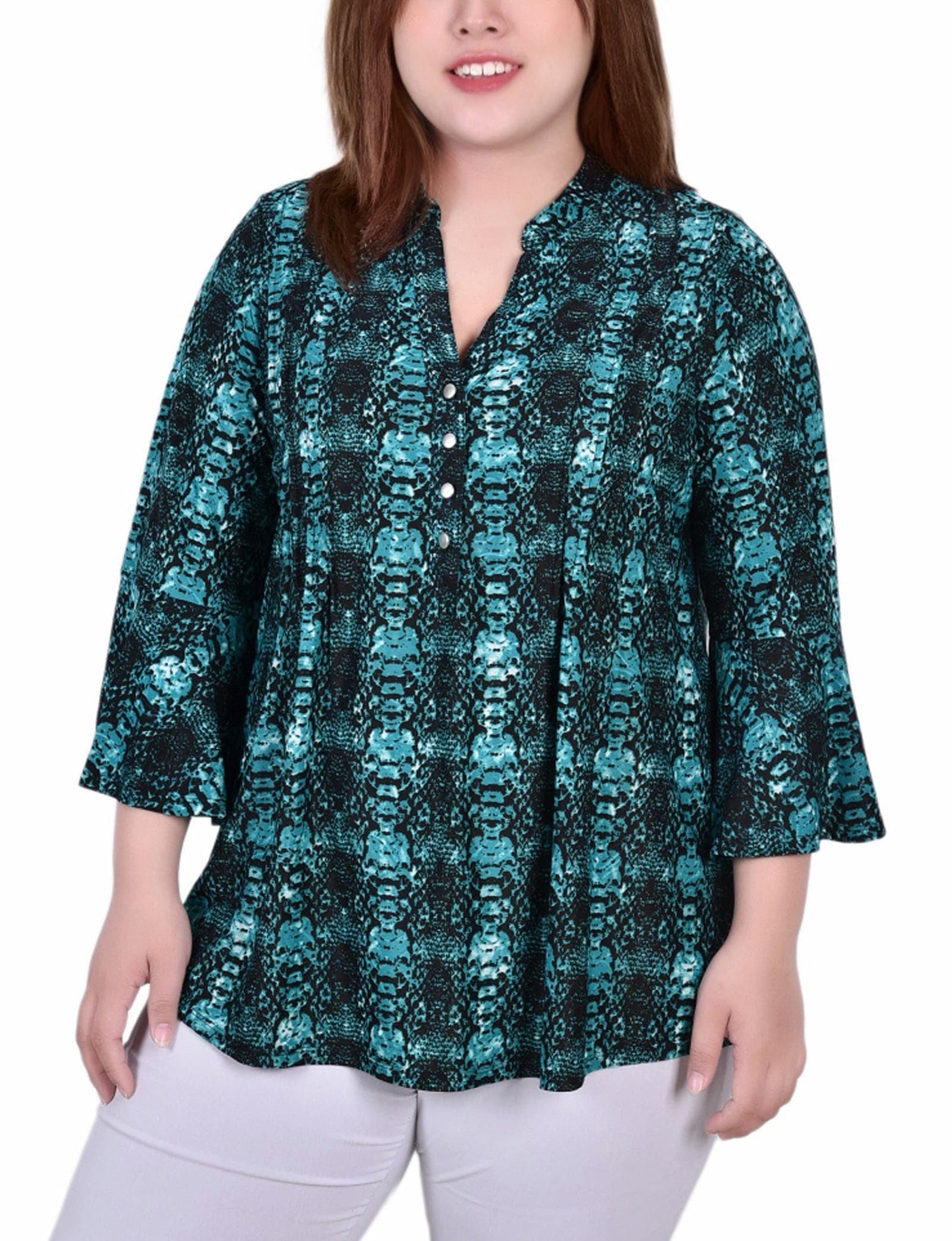 Plus Size 3/4 Bell Sleeve Pleat Front Y Neck Top
