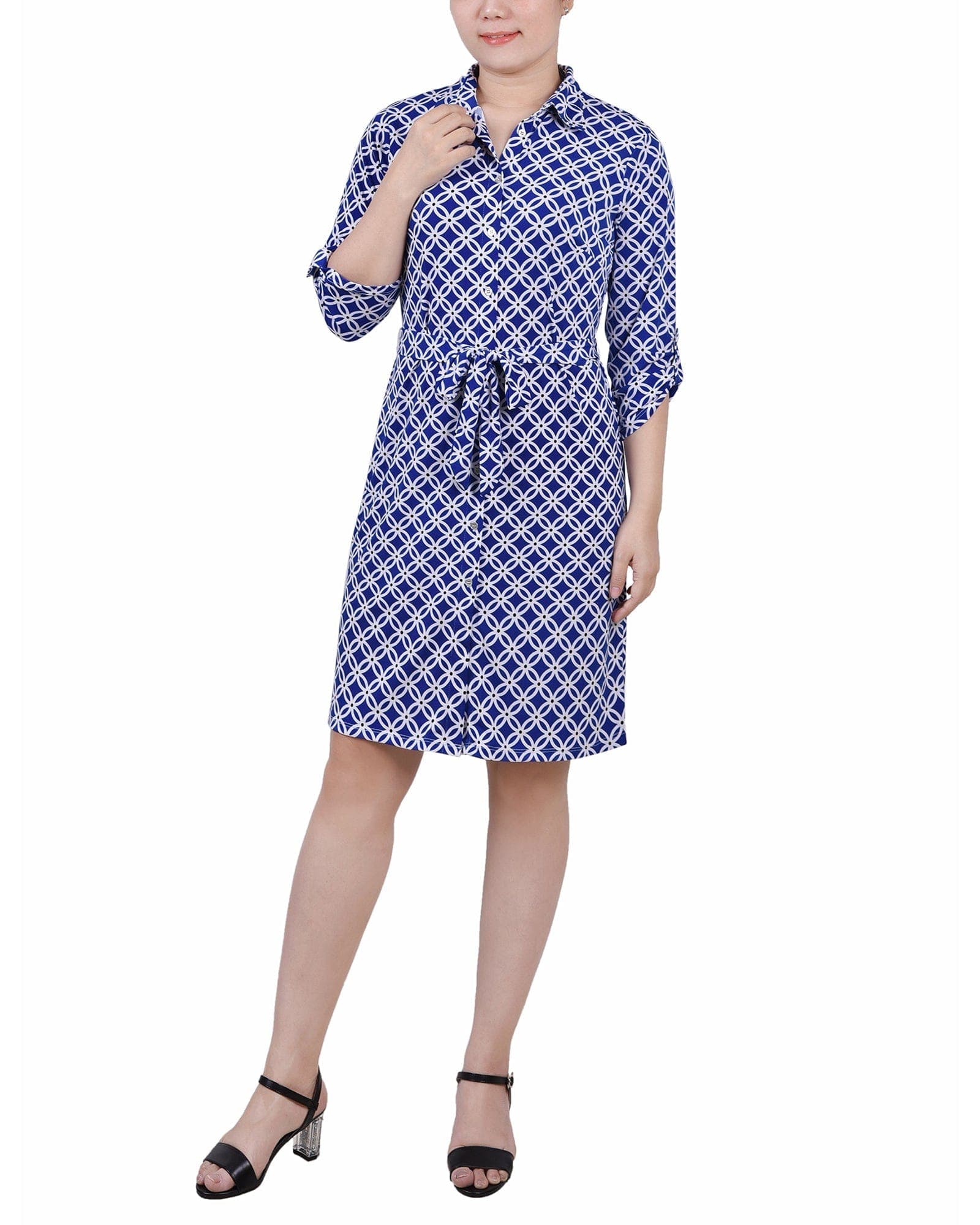 3/4 Roll Tab Sleeve Collared Dress