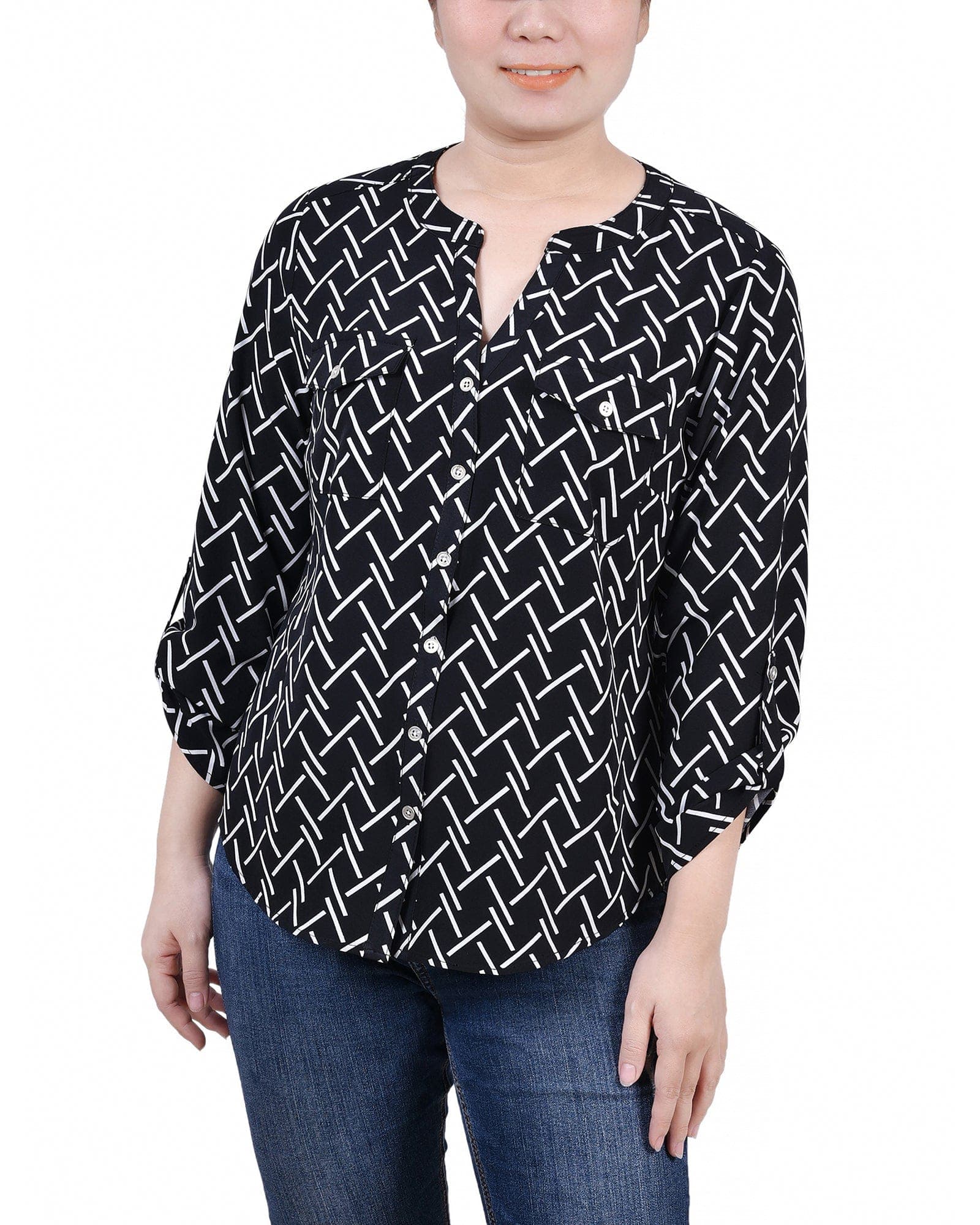 3/4 Roll Tab Sleeve Mandarin Collar Blouse