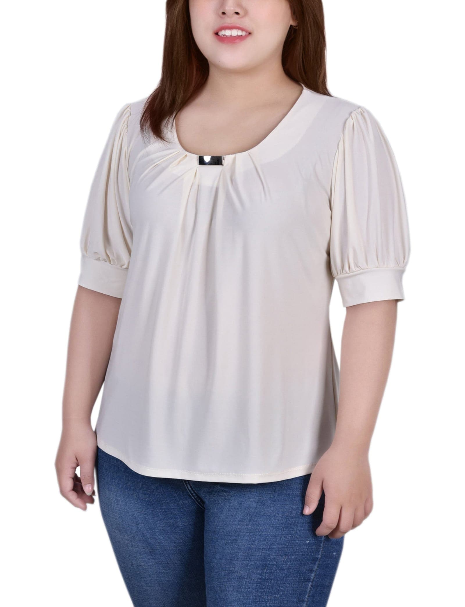 Plus Size Short Sleeve Balloon Sleeve Top with Hardware