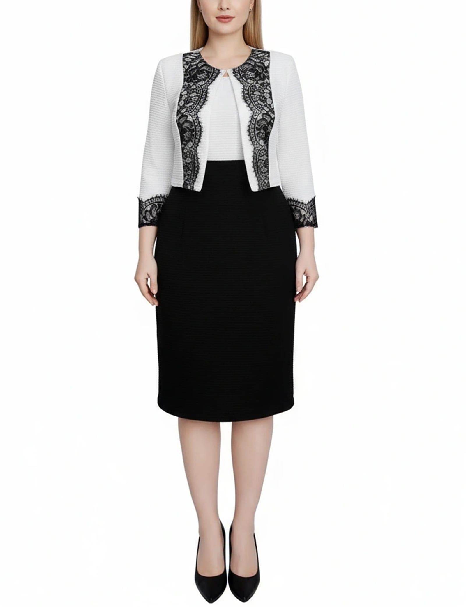 Lace-Detail Two Piece Textured Knit Dress Set