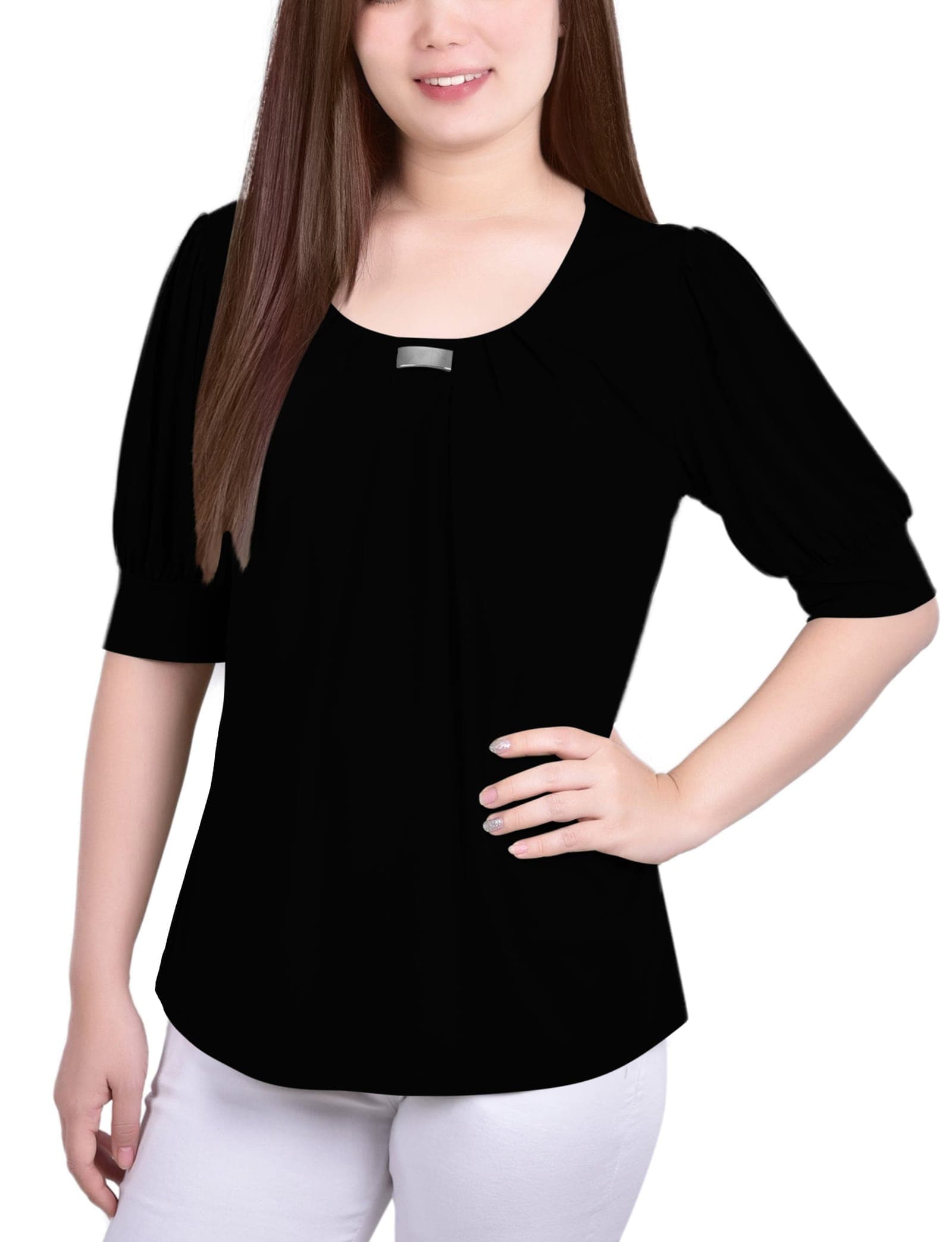 Short Sleeve Balloon Sleeve Top with Hardware