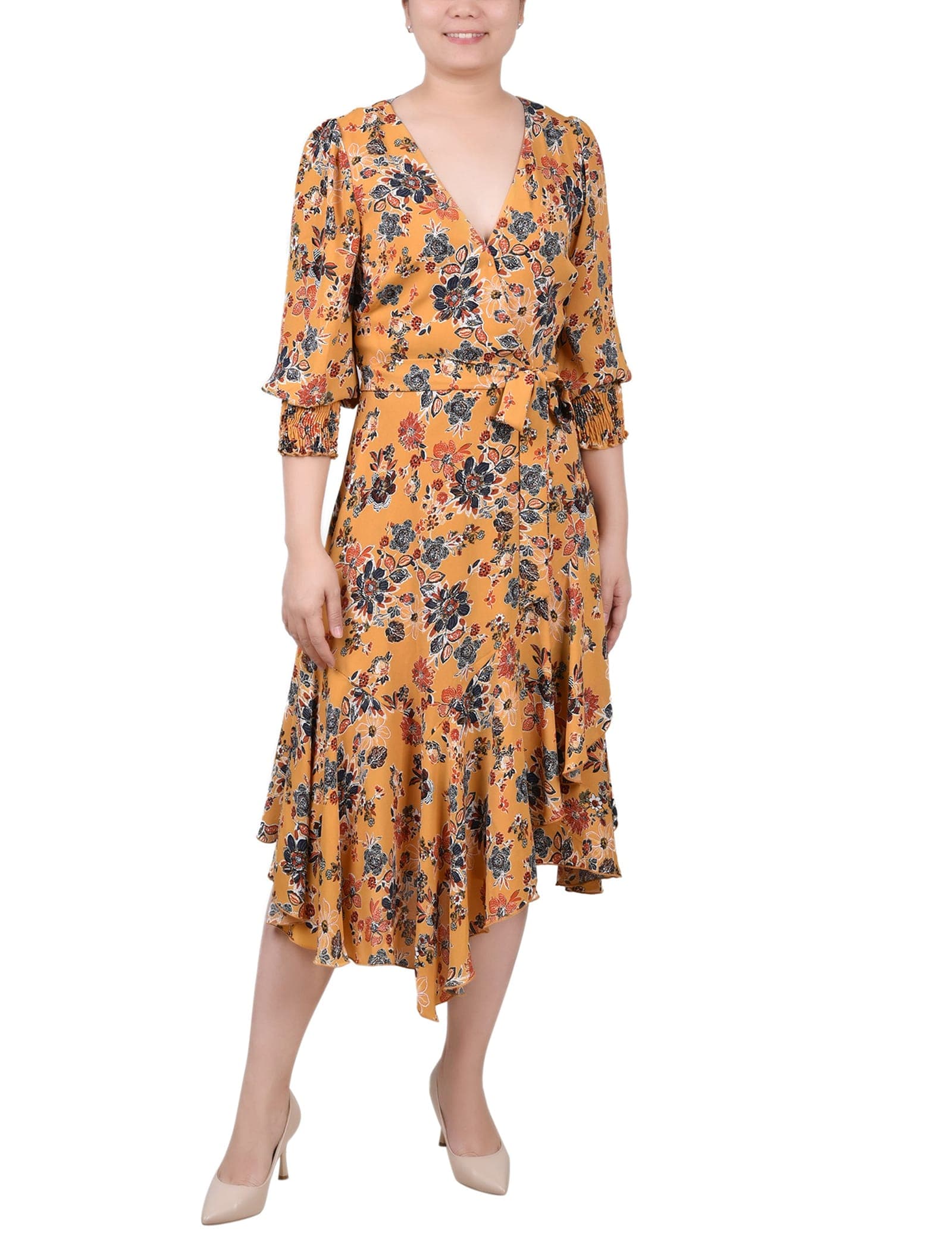 Petite 3/4 Sleeve Belted Chiffon Hankerchief Hem Dress
