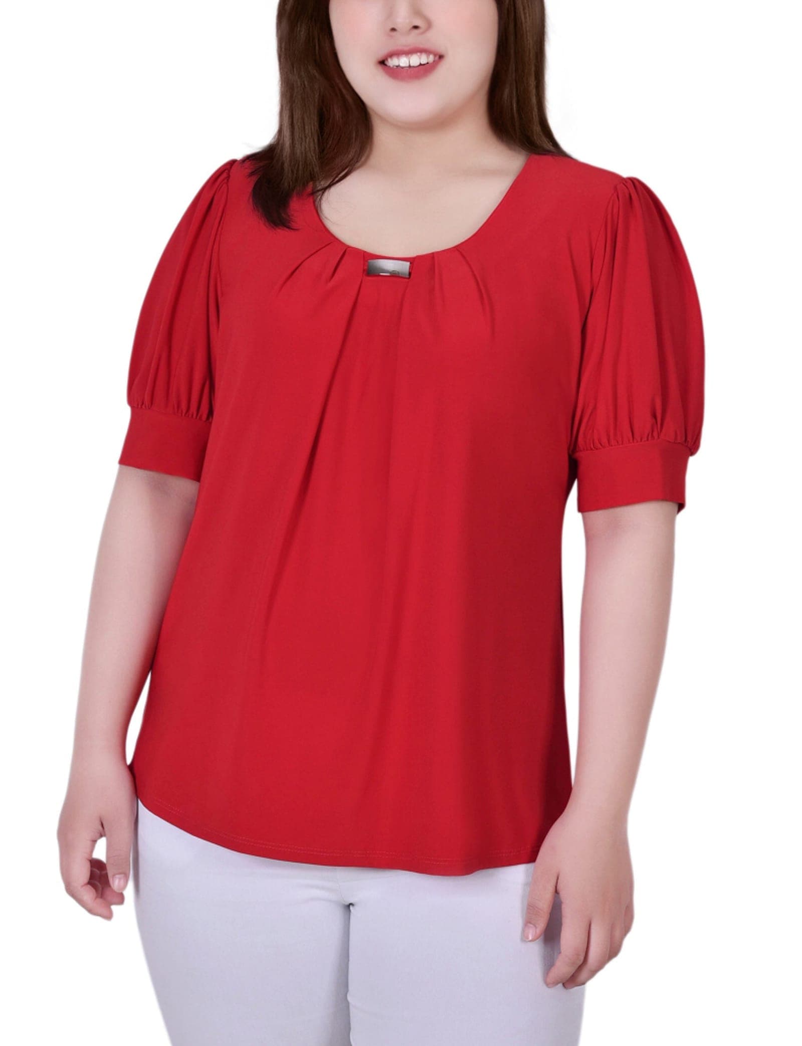 Plus Size Short Sleeve Balloon Sleeve Top with Hardware