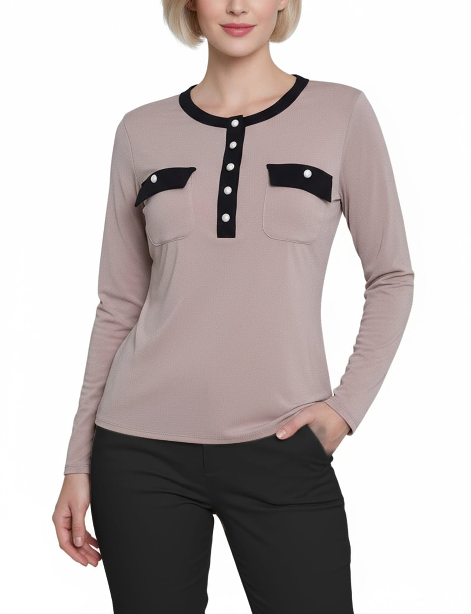 Petite Long Sleeve Contrast Detail Top
