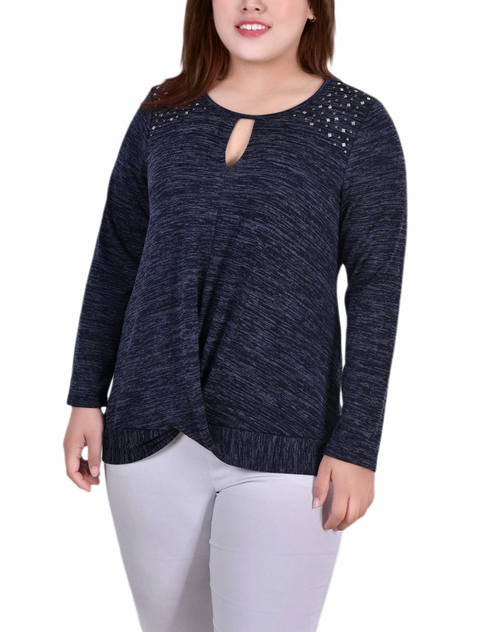 Plus Size Long Sleeve Knit Keyhole Top with Studs
