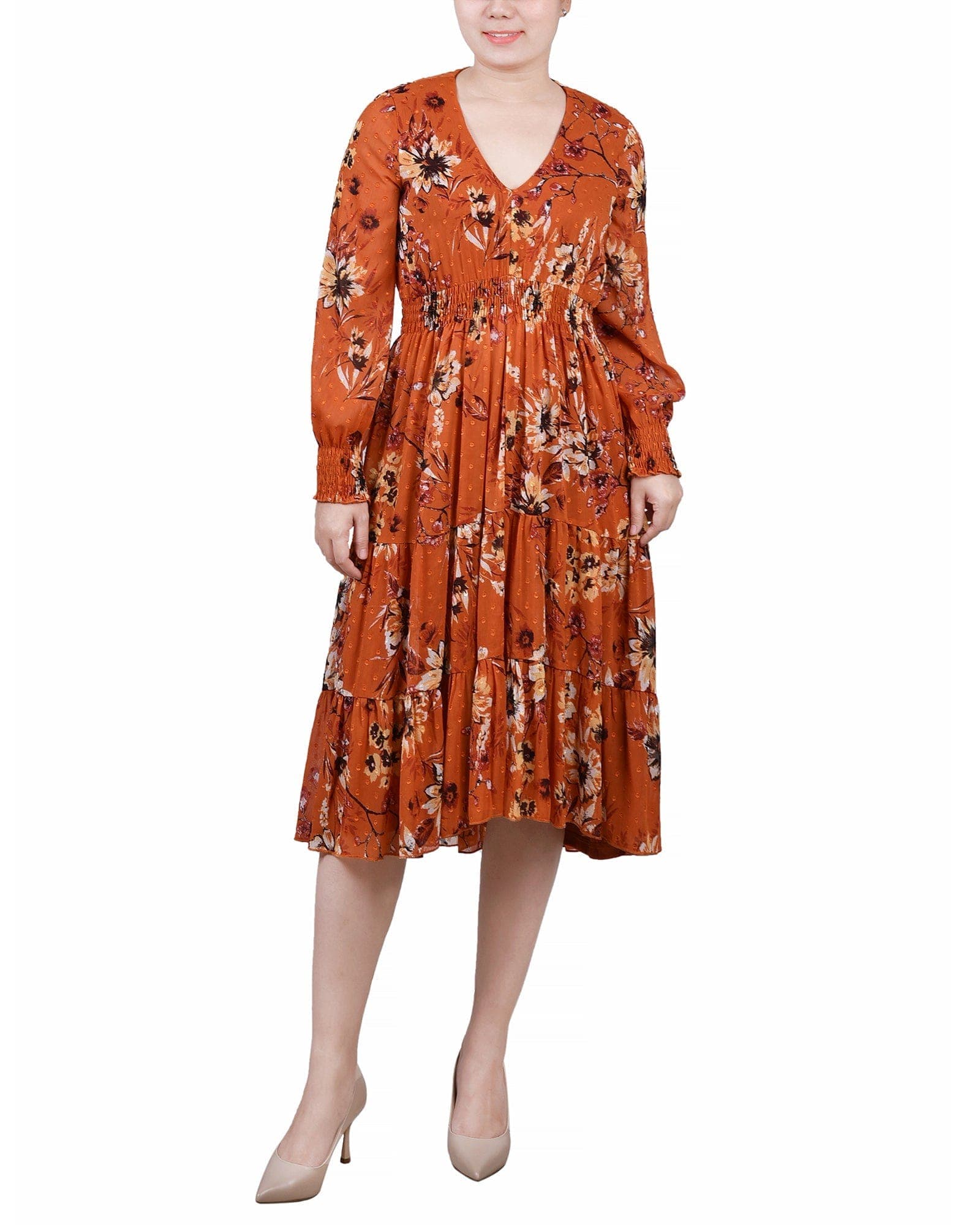 Long Sleeve Clip Dot Chiffon Dress with Smocked Waist and Cuffs