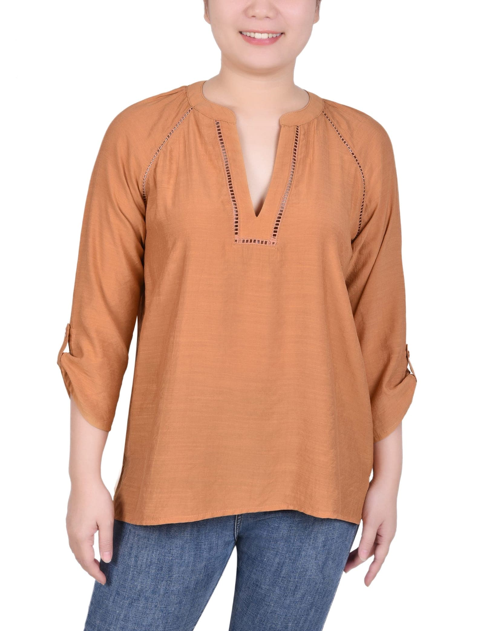 Petite Raglan Sleeve Split-Neck Blouse